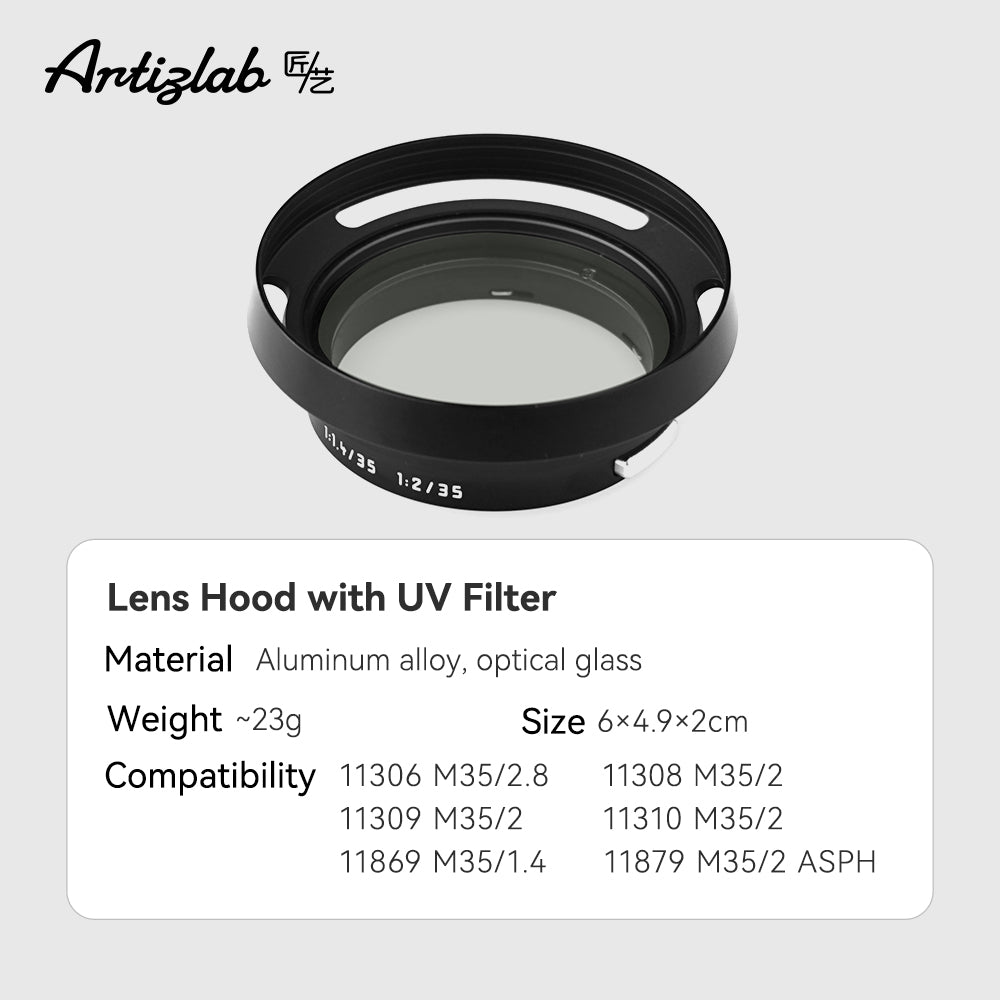 Lens Hood with UV Filter Compatibility: leica 11306 M35/2.8 11308 M35/2 11309 M35/2 11310 M35/2 11869 M35/1.4 11879 M35/2 ASPH